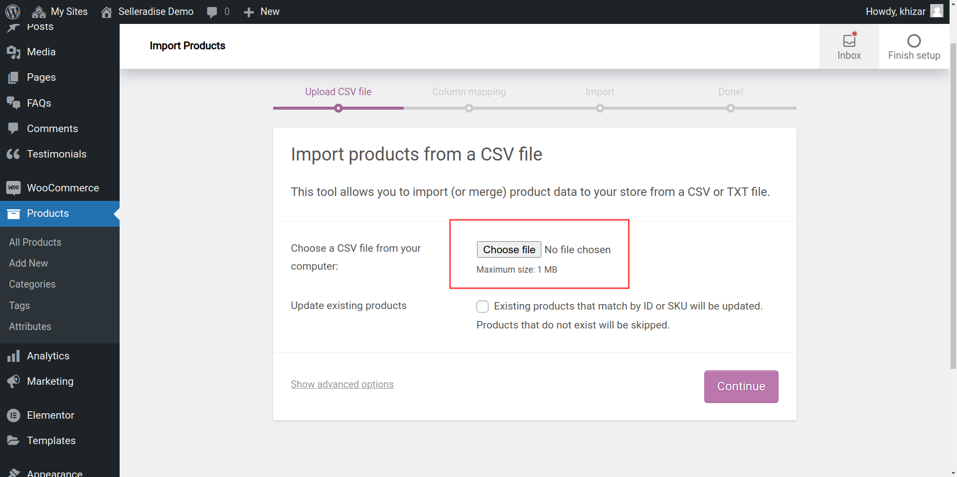 Choose csv file