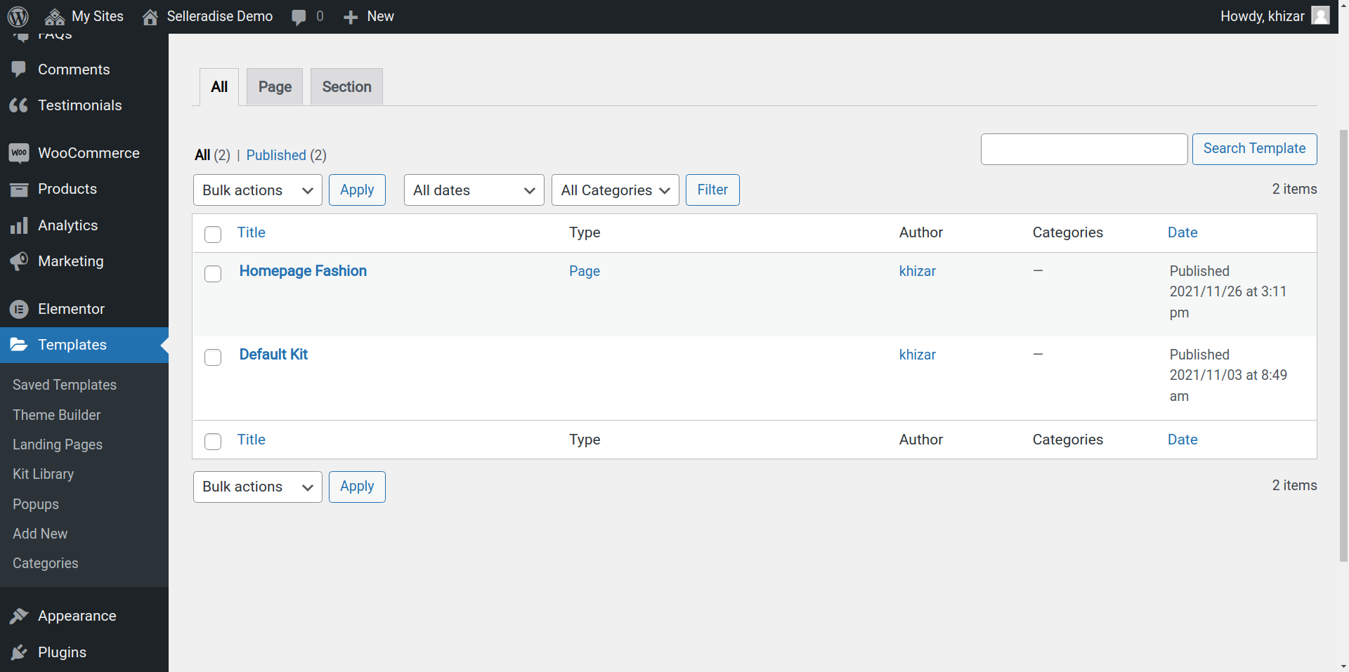 Import elementor template complete