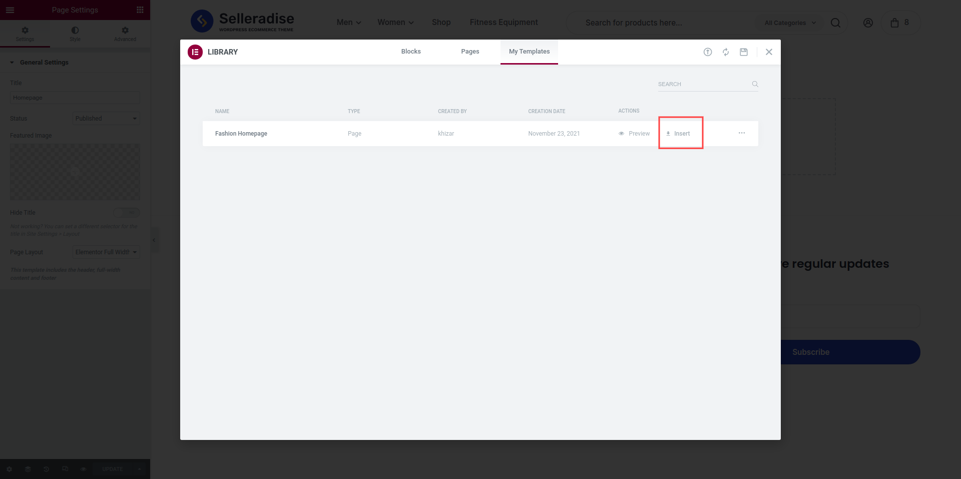 Import elementor template complete