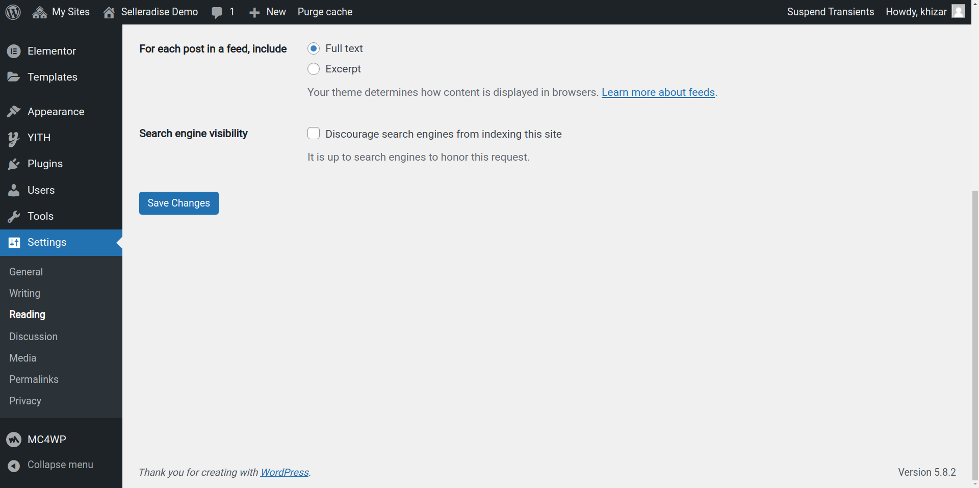 Settings page